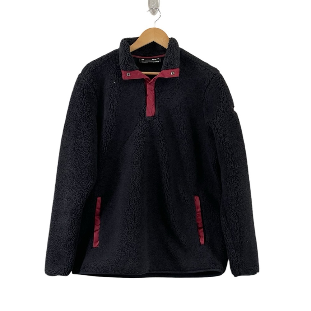 Under Armour Men's 1/4‎ Snap Button Sherpa Sweatshirt Coat Black and Red, Size M